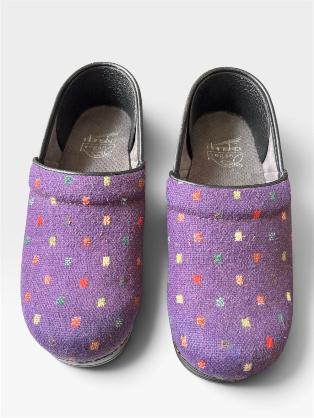 Dansko Professional Vegan Purple Geometric Pixel Knit Work Clogs Size 7.5